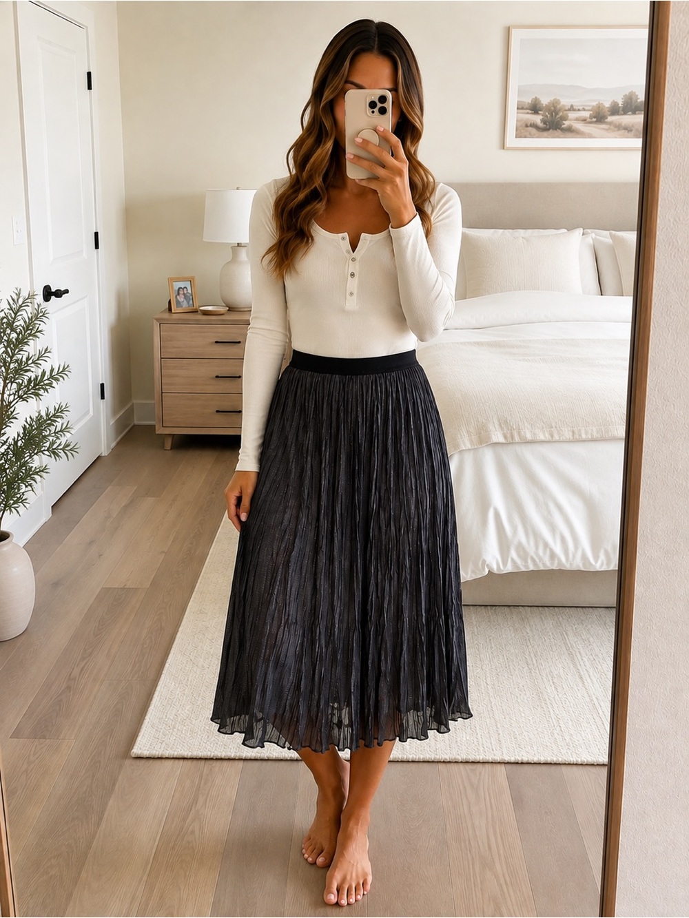 Shimmer Pleated Midi Skirt in Charcoal with Stretch Pull-on Waistband